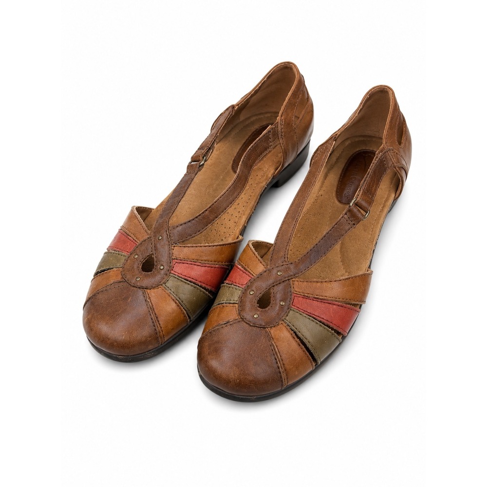 Earth Origins Brown Leather T-Strap Comfort Sandals Flats Women's Size 8.5